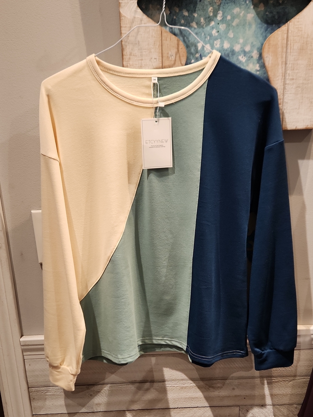 NWT Etcyynew Three-Tone Colorblock Crewneck Sweater — Cream, Sage & Blue Sz M